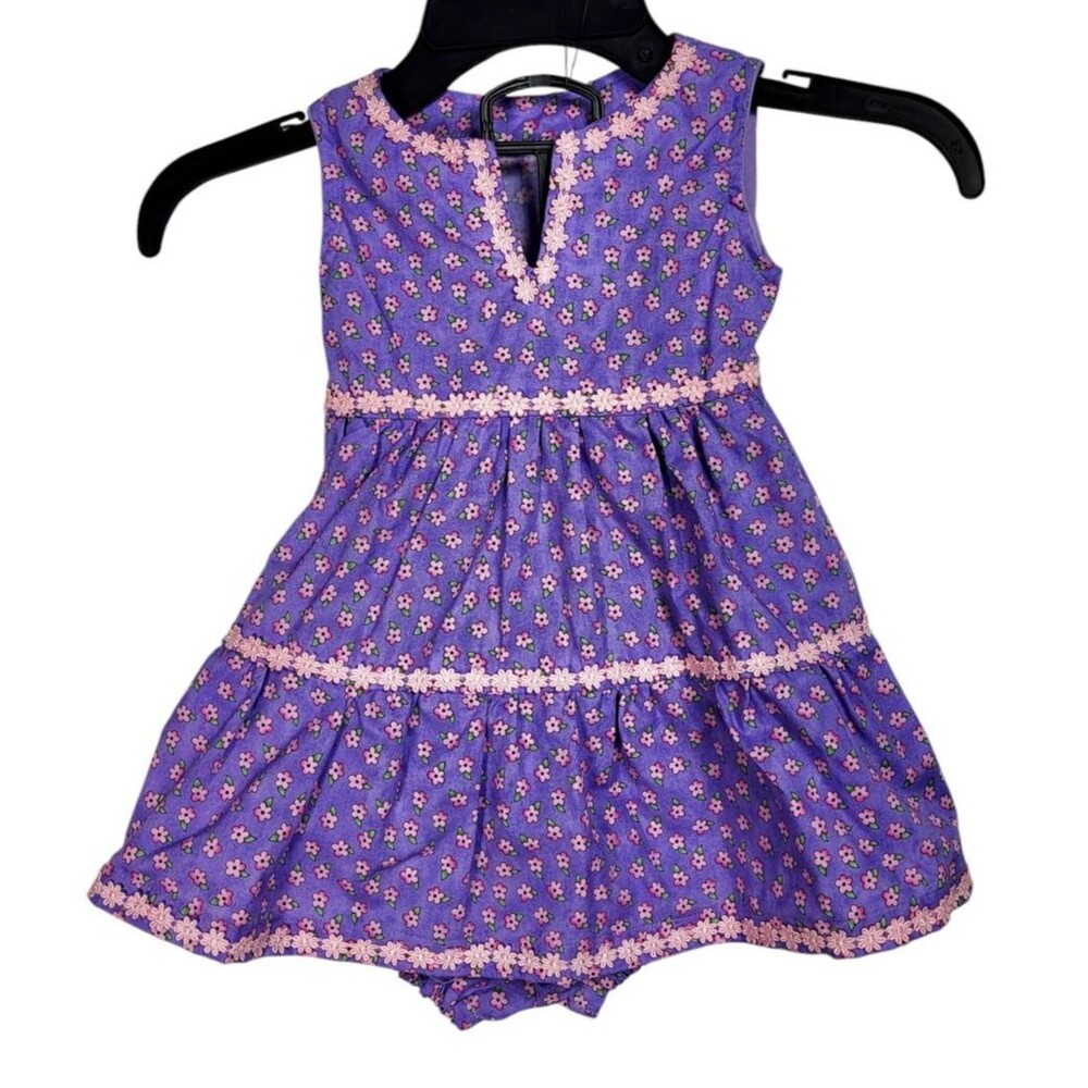 VTG 70s Purple Calico Floral Rick-Rack Trim Dress and Bloomers Girls Size 24M